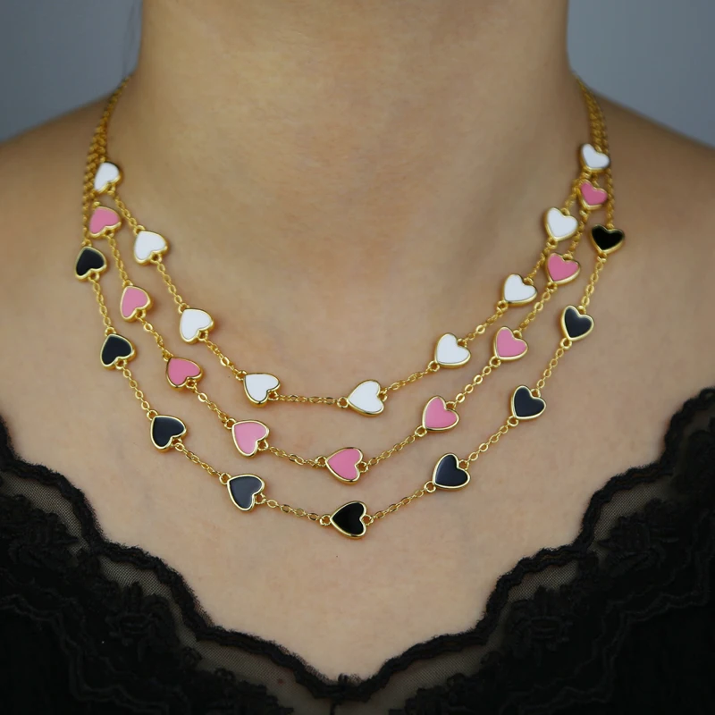 Fashion Heart Necklace for Women New Sweet White Pink Enamel Heart Pendant Necklace Female Elegant Charm Minimalism 41+5cm