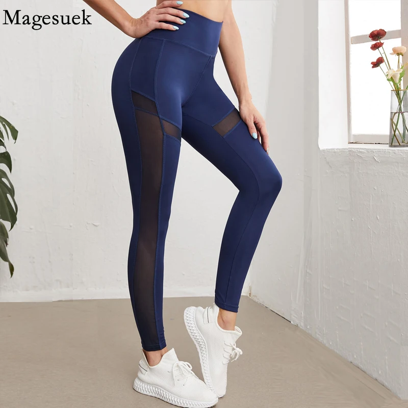 2022 mulheres ginásio elástico calças de yoga fitness malha retalhos cintura alta legging para o esporte feminino push up apertado azul mulher calça 18817