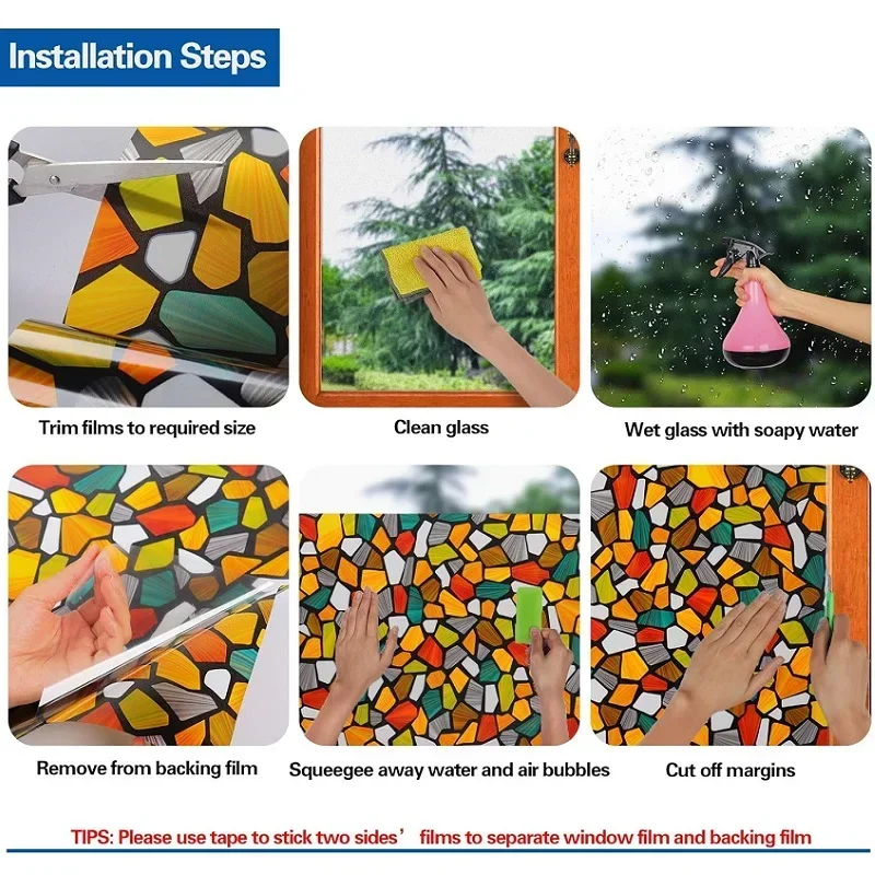 Stained Glass Window Film, Window Privacy Films, Colorful Lattice Window Tint, Rainbow Glass Decals for Home Anti UV 50 x 100 cm