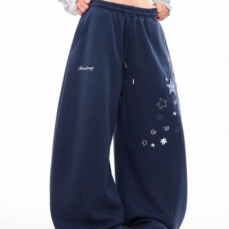 الأمريكية الرجعية تصميم منقوشة ستار التطريز الرباط المرأة عارضة السراويل الخريف جديد فضفاض تنوعا واسعة الساق السراويل للنساء #3