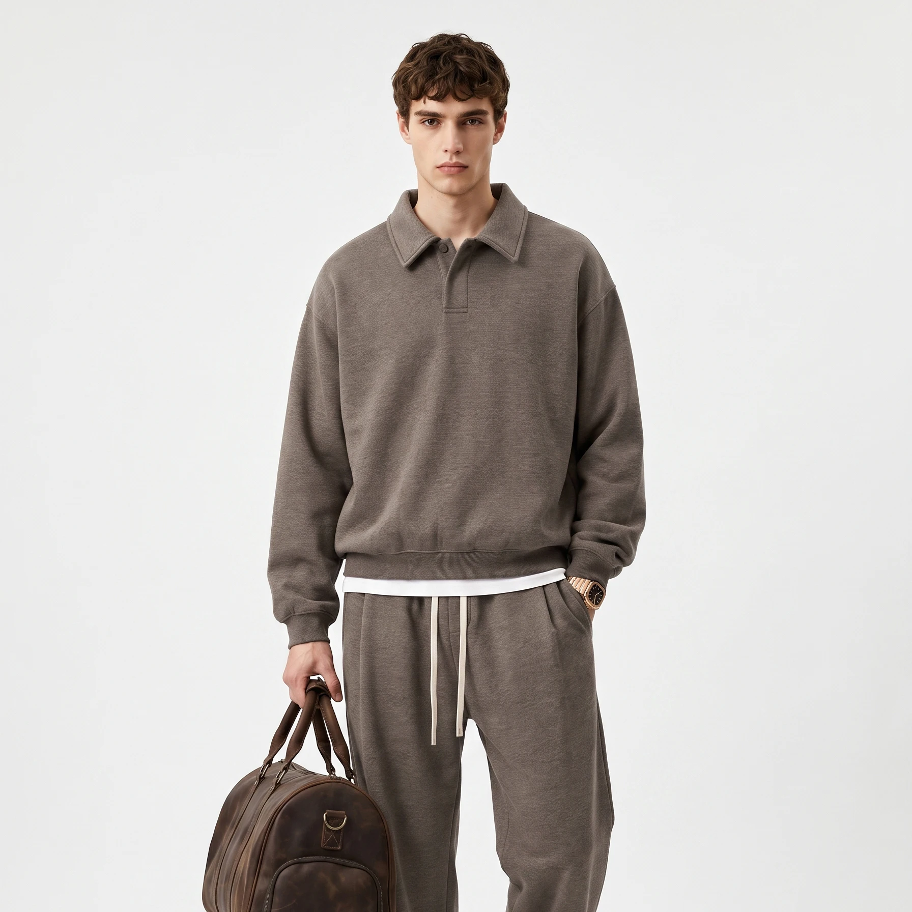 Old Money Style Heather Fabric Polo Sweatshirt for Men Cropped Business Casual Pullover Clean Fit Oversized Polo Shirts Tops