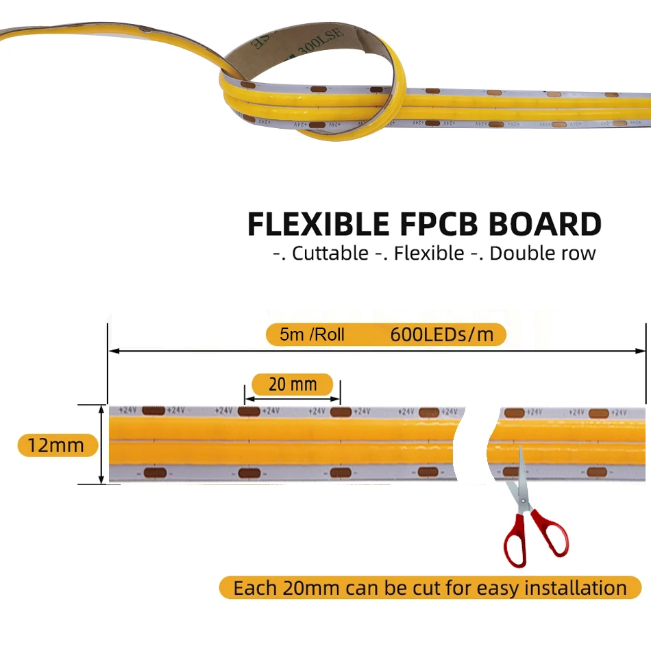 DC24V COB LED Light Strip Double Row Super Bright 600 LEDs/m Elastyczna ściemnialna taśma LED RA90 Oświetlenie LED 3000K 4000K 6500K