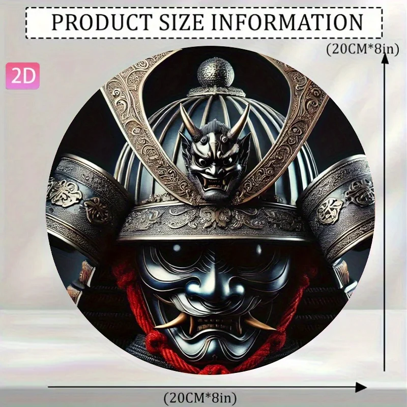 2D Flat High Definition Metal Wall Art Japanese Samurai Warrior Helmet with Oni Demon Mask Metal Sign Round Wall Plaque Traditio