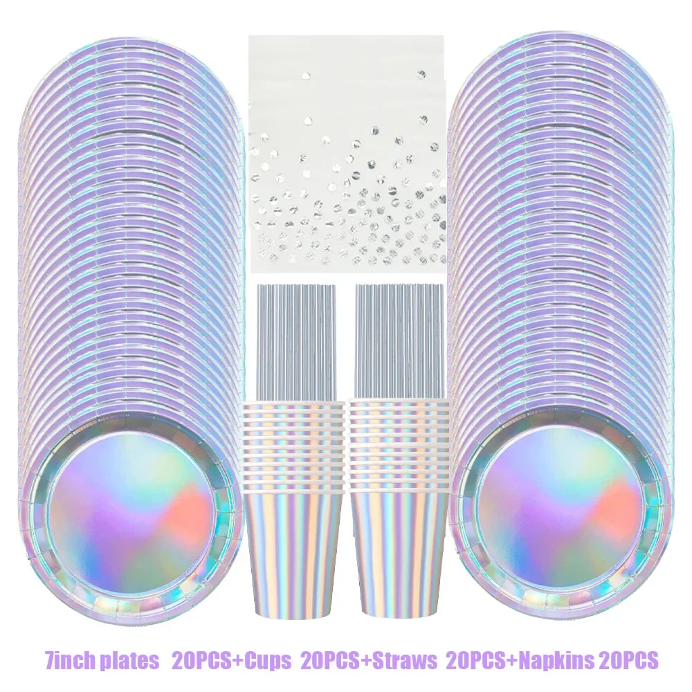 Iridescent Silver Holographic Party Tableware Set Disposable Paper Plates Cups Tablecloth for Birthday Wedding Y2K Disco Decor