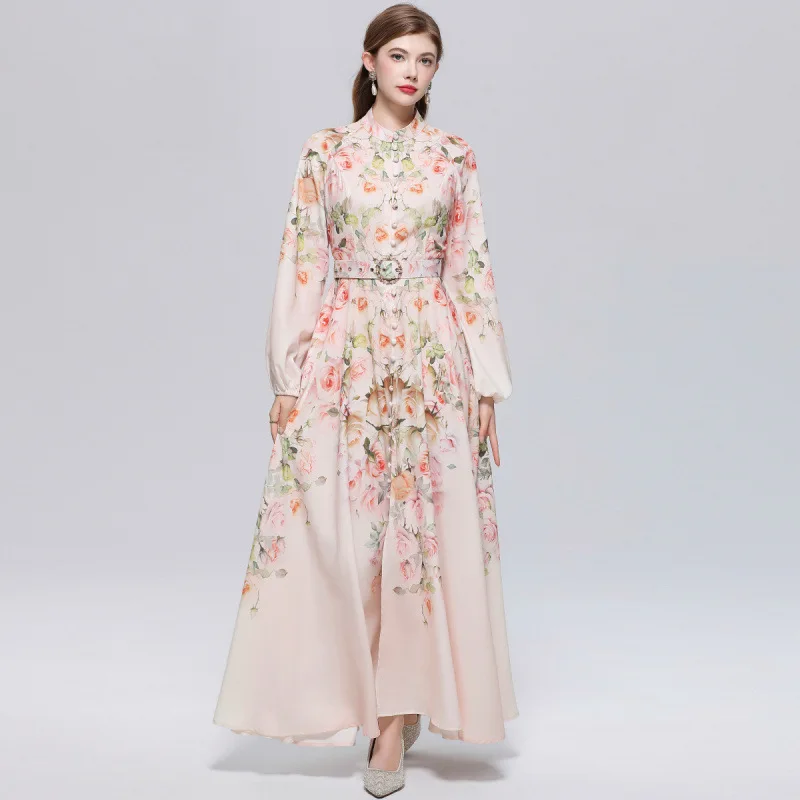 

2026 New Retro Palace Style Fashion Positioning Print Tie Waist Lantern Sleeve Dress Women Single Breasted Long Dress