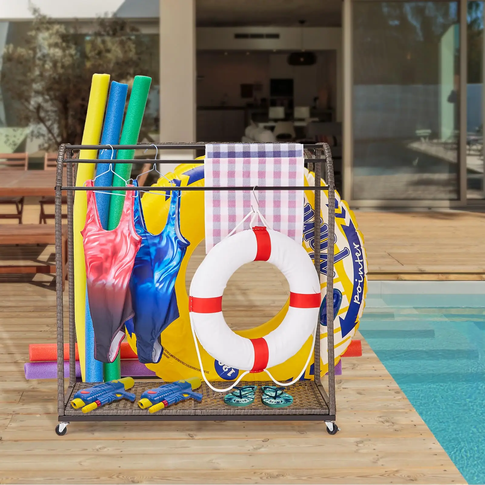 Pool Towel Rack,Outdoor Pool Storage with Rattan Base and 5 Towel Bars,Pool Float Storage with Compartments, Store Swimming Ring