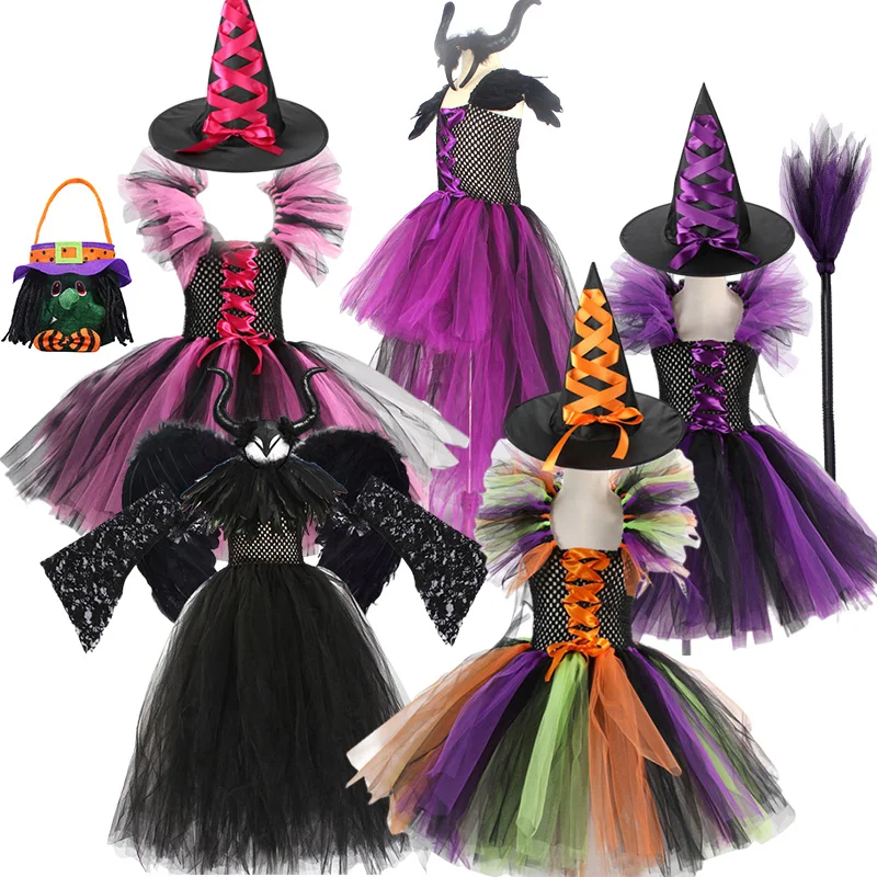 

Purple Witch Costume Girls Mesh Trailing Dress Maleficent Deluxe Girls Fancy Halloween Party Kids Cosplay Disney Clothes 2-12Yrs