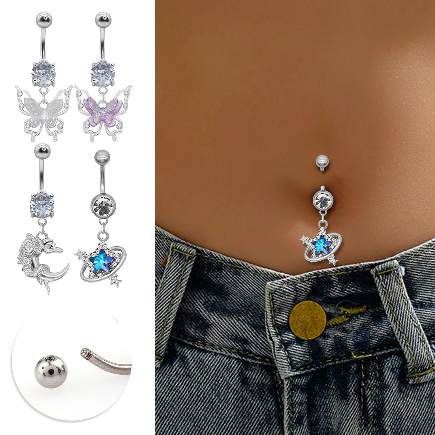 1Pc Body Piercing Jewelry Navel Piercing Butterfly Navel Ring Lightweight Illusory Color Zinc Alloy Minimalist Wind