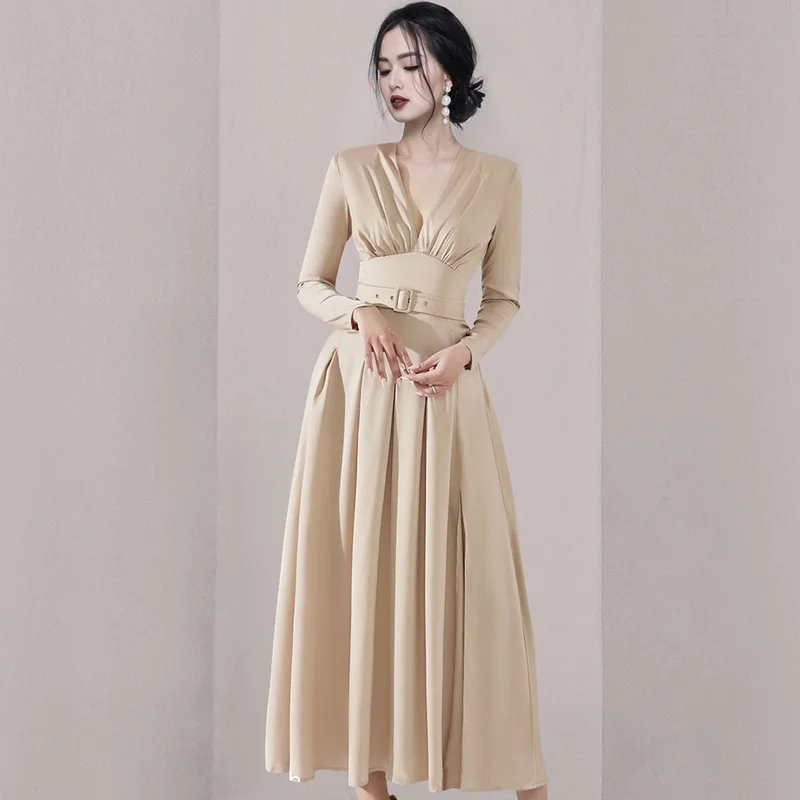 Autumn Elegant V-Neck Dress Women Long Sleeve Slim Fit Vestidos Fashion Work Party Dresses