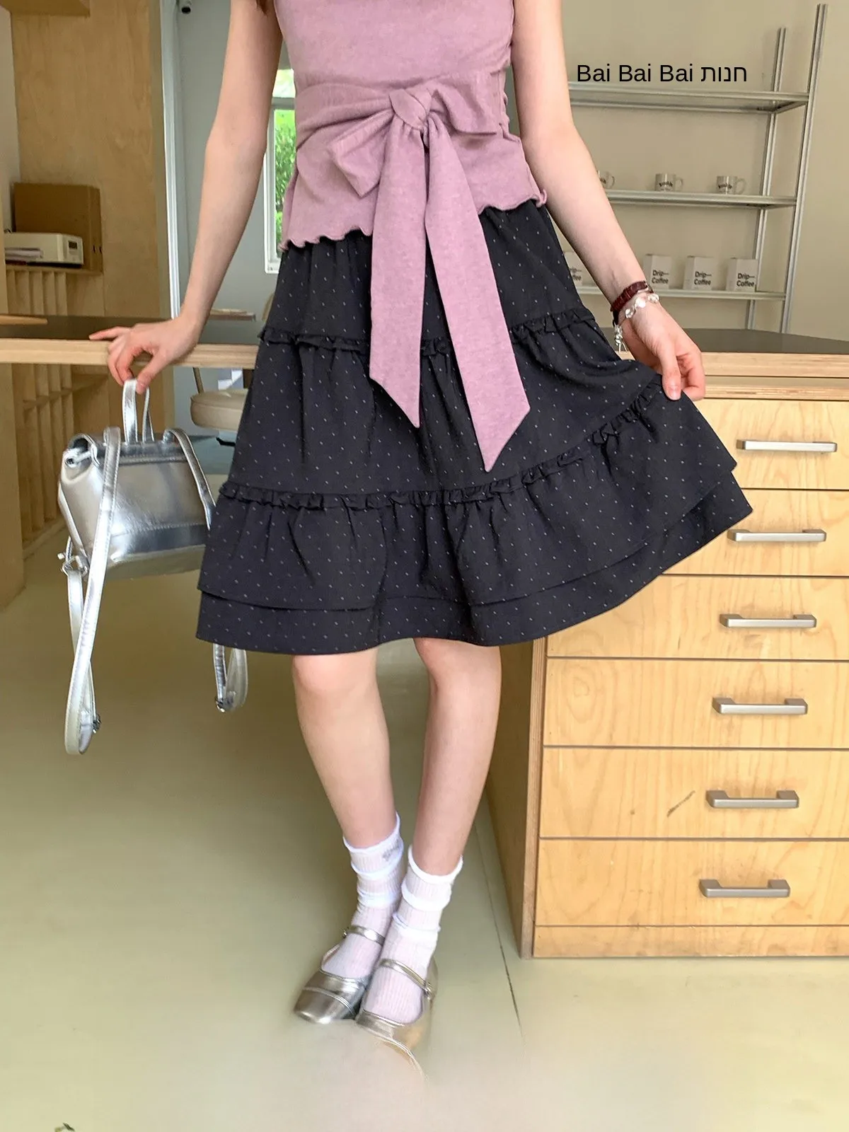 

Black Polka Dot Short Skirt Retro Commute Simple High Waist Polyester Fabric A-Line Skirt for Women Summer Vintage Style
