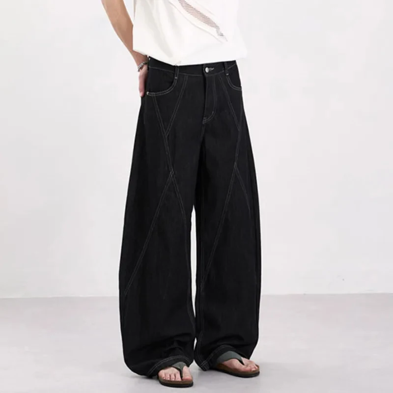 

Denim Black Men's Jeans Multi-structure Contrast-stitching Design Functional Casual Loose-fitting Curved-cut Pants