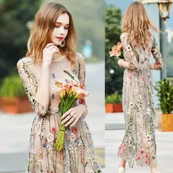 Spring Style Seaside Vacation Beach Long Dress Medium Length Retro Chinese Style Embroidered Mesh Dress