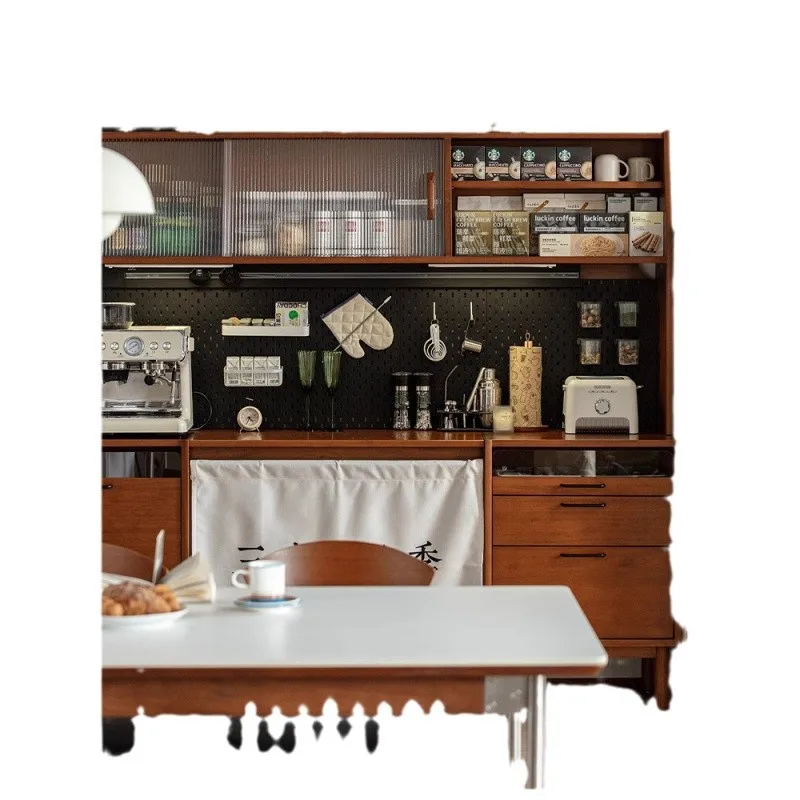 

Retro solid wood dining side cabinet, dining table integrated household Japanese wall cabinet, kitchen combination storage