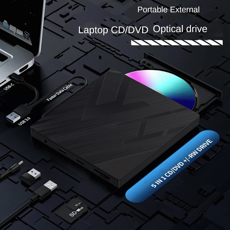 Внешний привод для компакт-дисков/DVD 5-в-1, USB 3.0 Type-C, проигрыватель записывающих устройств для компакт-дисков/DVD +/-RW со слотами для карт SD/TF для портативных ПК