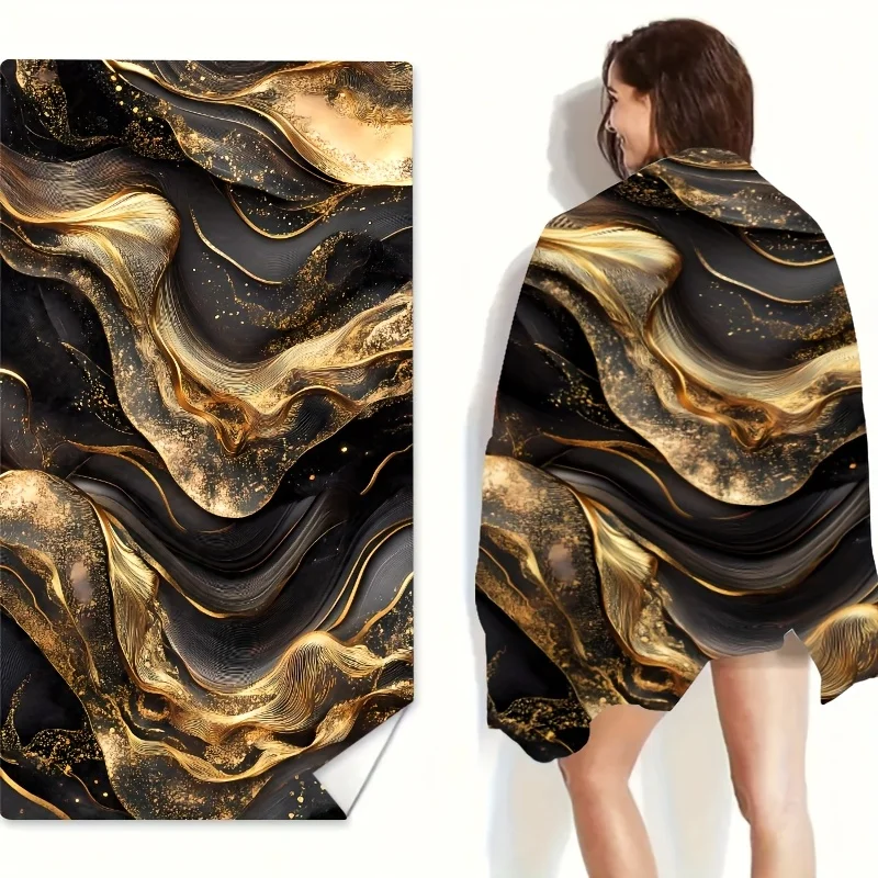 Black Gold Beach Towel, Abstract Fluid Art Print, Luxury Marble Texture Quick Dry Microfiber,Sand Free Perfect for Summer Travel