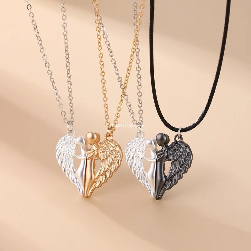 New Hug Angel Wings Pendant Magnetic Couple Necklace Friendship Necklace for Boyfriend Girlfriend Women Men Best Friends Gifts