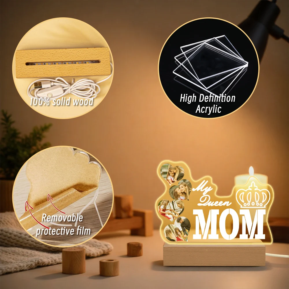 Custom Acrylic Night Light for Mom Personalized Photo LED Dimmable Plug-in Nightlight with USB Cable Mother's Birthday Day Gift