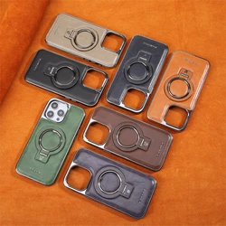 Luxury Leather Magnetic Strap Holder Phone Case For IPhone 15 14 Plus13 12 11 Pro Max Electroplated Frame Anti Drop Back Cover