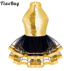 Bambini ragazze paillettes Halter Ballet Dance Tutu Dress ginnastica body moderno latino Jazz pattinaggio artistico Costume da spettacolo teatrale