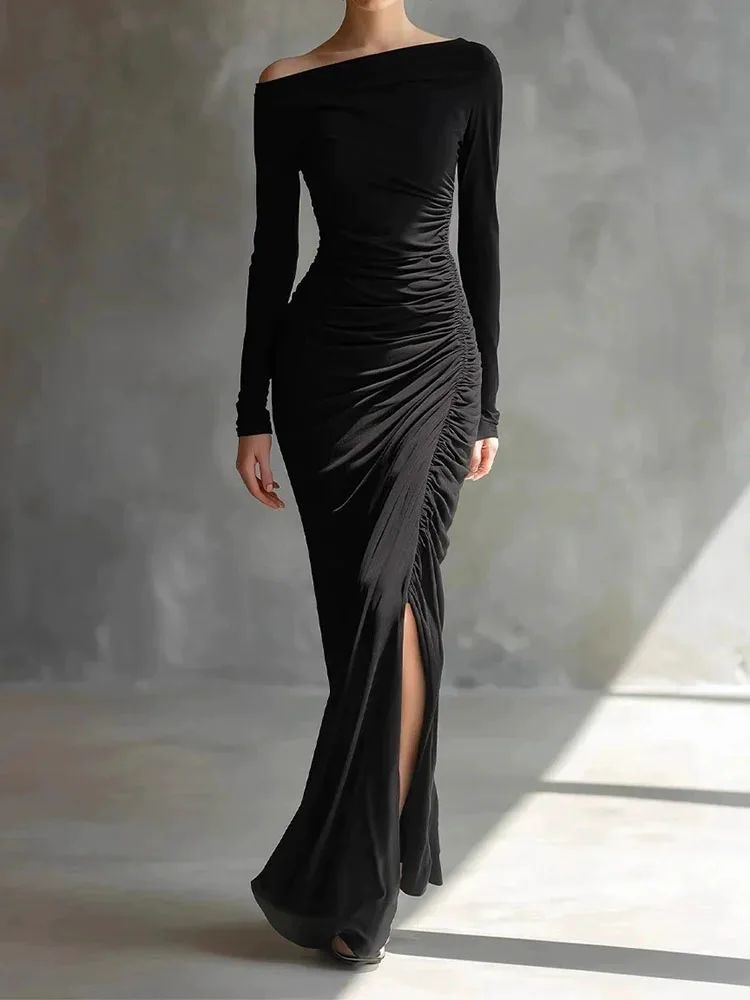 Elegante dame hoge taille split banketjurk temperament slanke jurk met lange mouwen stijlvolle schuine kraag effen ruches avondjurk