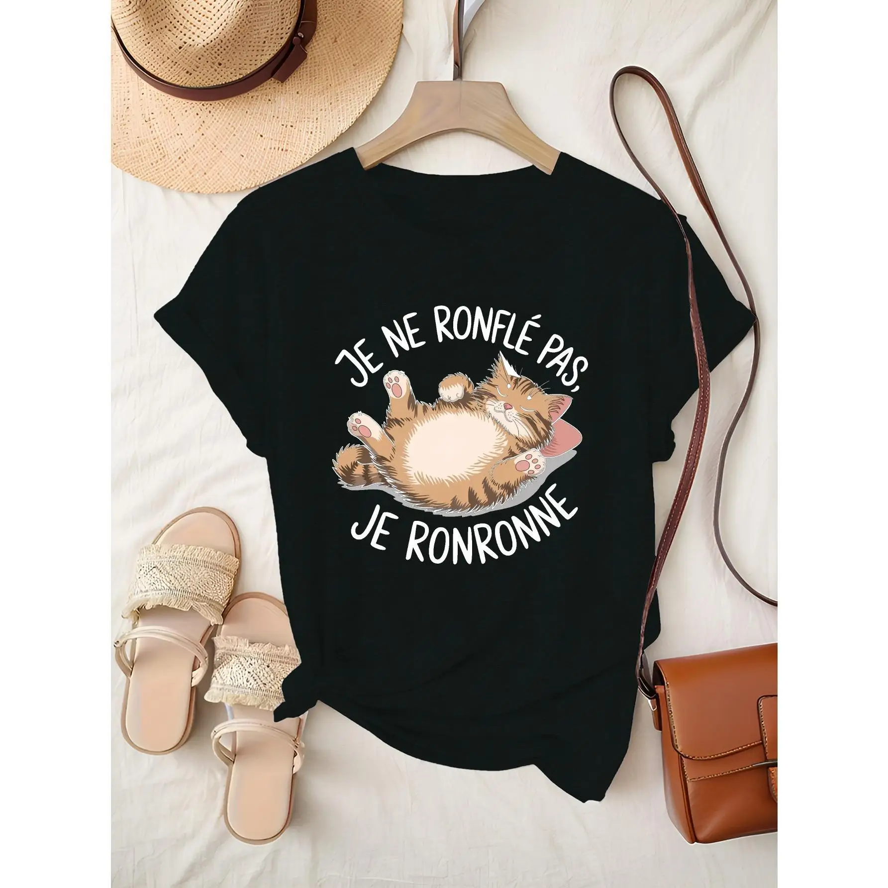 

Funny French Slogan Cat T-shirt for Women, "Je ne ronfle pas" Cute Graphic Tee, Casual Summer Top for Cat Lovers