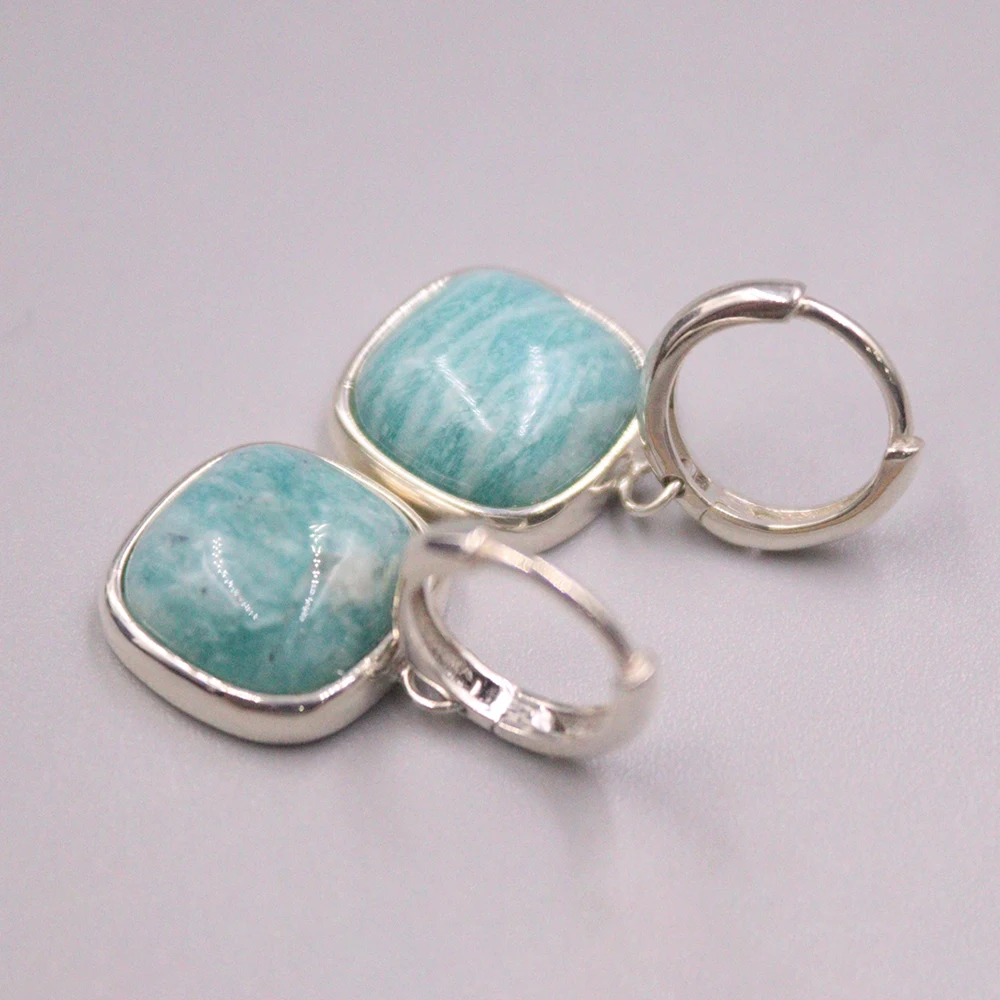 Pure S925 Sterling Silver Earrings  Blue Amazonite Women 28*14*12.5mm Square Hoop Earrings