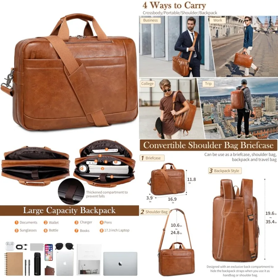 Faux Leather Messenger Bag for Men 17-17.3 Inch Leather Mens Laptop Bag Leather Briefcasen Convertible Backpack 3 in 1 Comter H