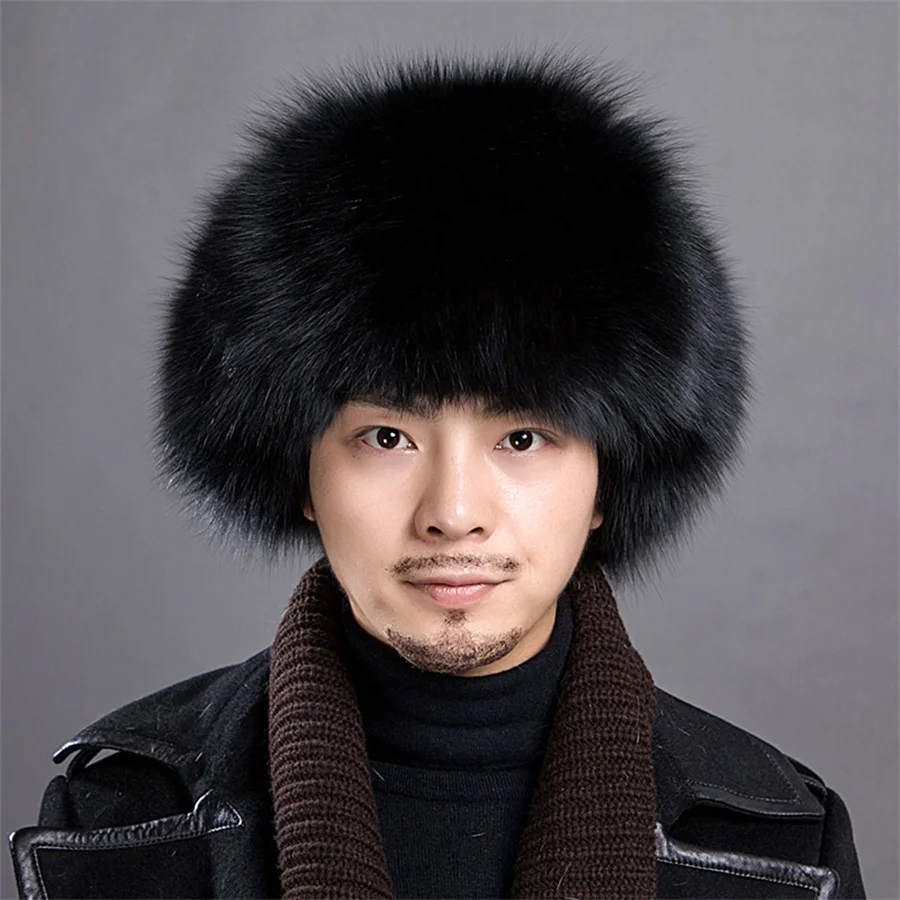 Chapéus russos peludos de pele real, chapéu de pele de raposa natural para homens ushanka, chapéu de pele 100% carneiro Top Fox, tampão de orelha Lei Feng