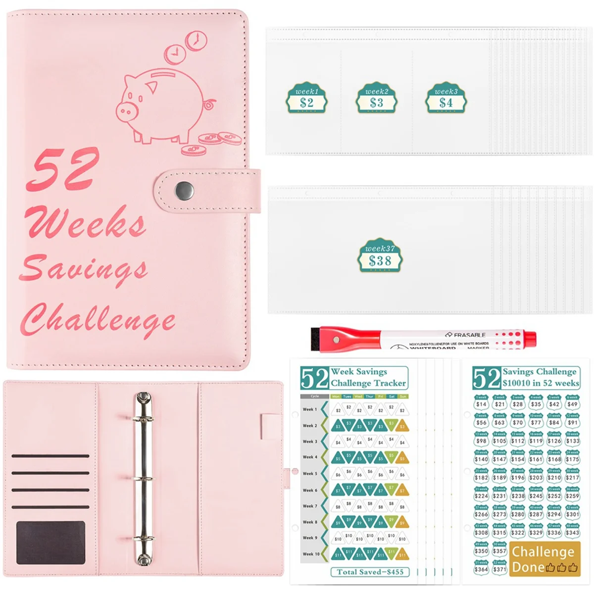 JUF-52 Week Money Saving Challenge Binder with Savings Challenges Book Cash Envelopes for Budget Planner Financial