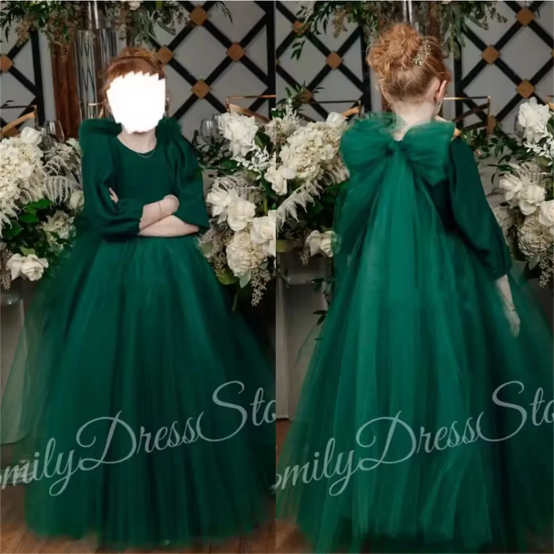 abito-da-damigella-personalizzato-per-matrimonio-verde-scuro-a-vita-alta-in-tulle-con-maniche-3-4-per-compleanno-bambini-prima-comunione