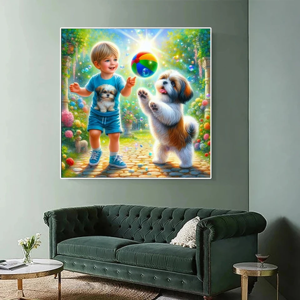 5d DIY Diamond Painting New Little Boy and Dog Ball Cross Stitch Full Diamond Mosaic Embroidery For Birthday Gift Room Decor