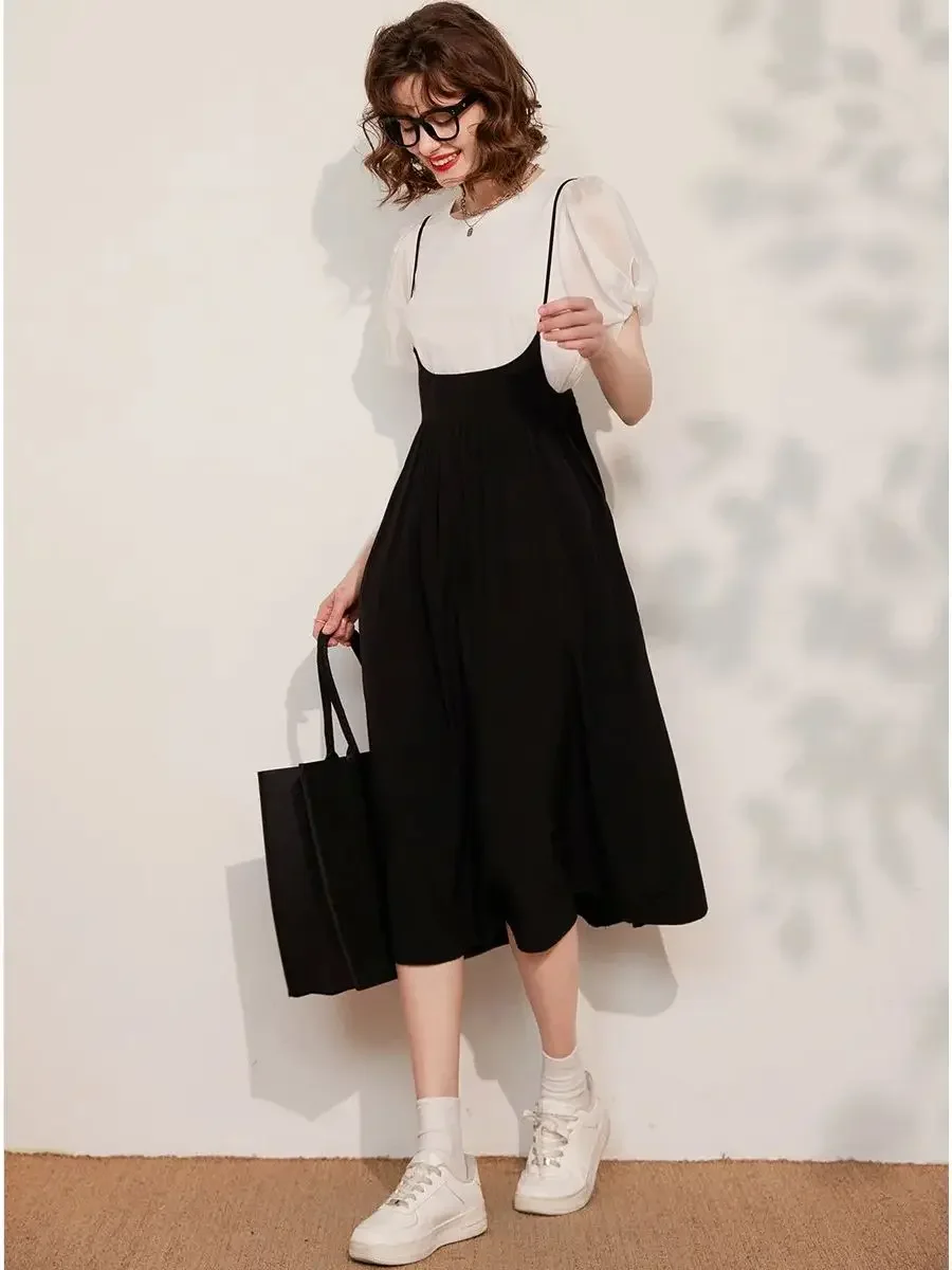 LOUIS YAO Women T-shirt Dress Set 2024 Summer New Round Neck Puff Short Sleeve A-line Women Two Piece Dress Set