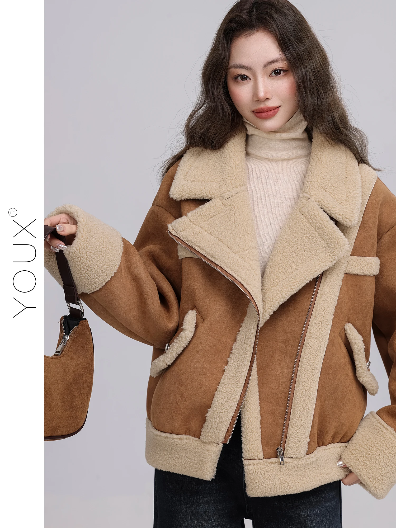 Warme koffiekleurige retro jas Damesjas van imitatiebont en leer Kleur Blo Winterbuitenkleding Sli Cact Design Damesmode