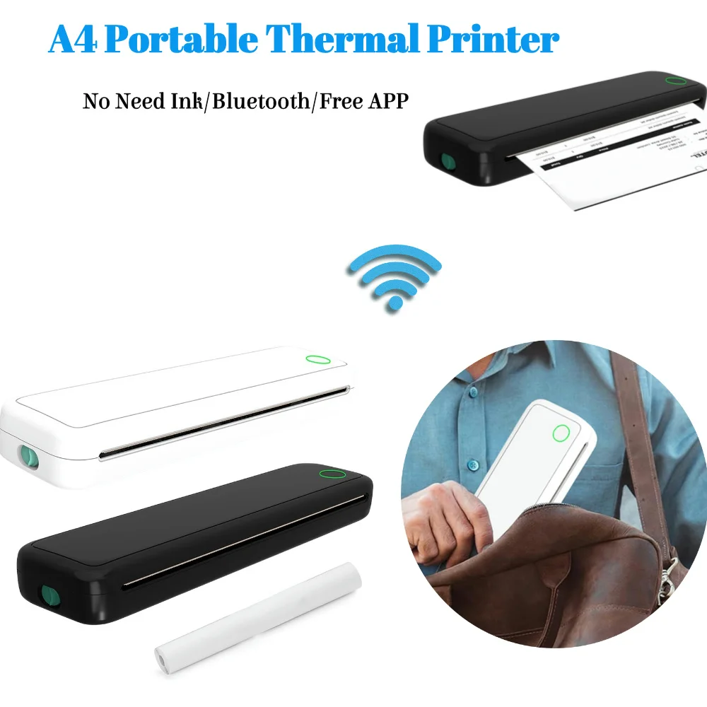 A4 Portable Thermal Printer Inkless Bluetooth-Compatible Thermal A4 Mobile Printer Wireless Portable Printer for Smartphone & PC