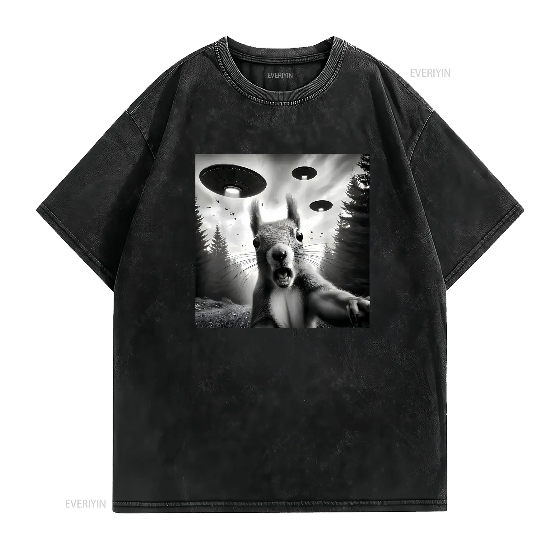 Squirrel Sci Fi Funny Selfie with UFOs Weird Aliens T Shirt vintage Washed graphic streetwear Breathable homme Slightly Stylish