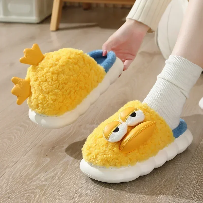 Winter Plush Duck Slippers Women Men Funny Warm Couple Shoes Soft Household Cartoon Indoor Antiskid 4cm Thick Sole Slippers