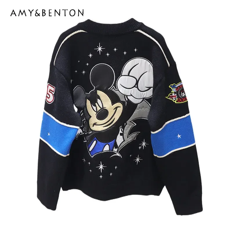 Potdemiel Heavy Industry Cartoon Embroidery Early Spring Loose Thickening Keep Warm Baseball Uniform Sweater Coat for Women
