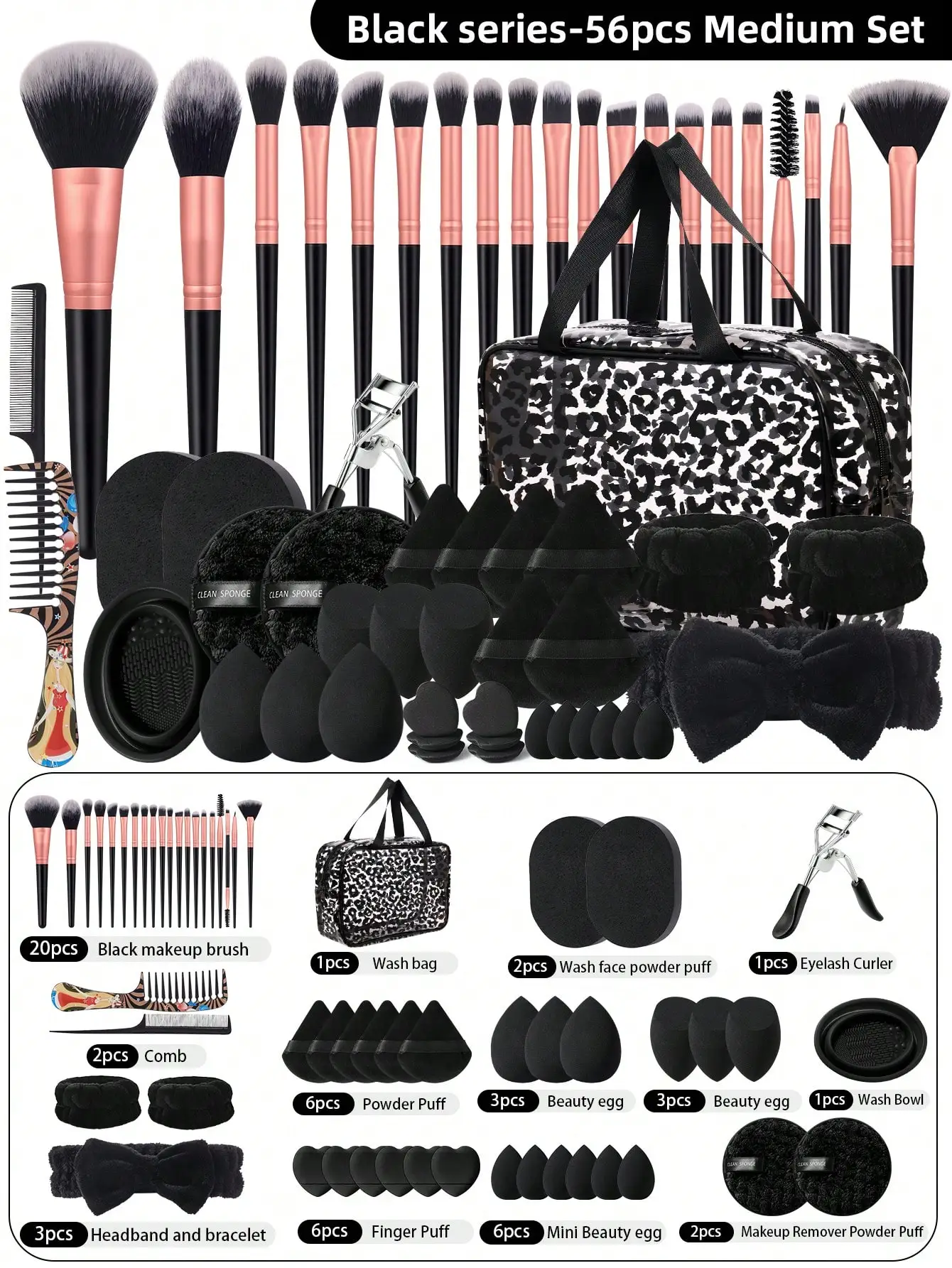 

56PCS Makeup Tools Set Including:1 Pc Multi-Functional Zipper Toiletry And Cosmetic Bag Waterproof+20PCS Makeup Brush Set+6PCS Makeup Brush Set+6PCS Mini Makeup Sponges+6PCS Triangle Powder Puffs+6PCS Mini Air Cushion Powder Puffs+1 Pc Makeup Brush Cleani