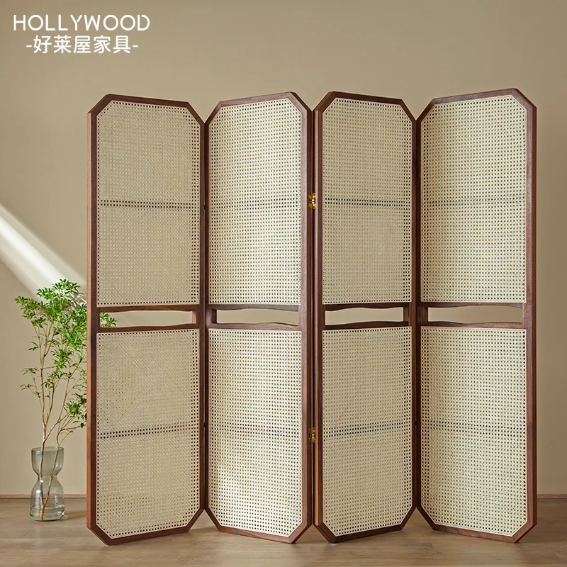 

Japanese-style solid wood folding screen rattan partition living room entrance retro new Chinese-style home living room screen