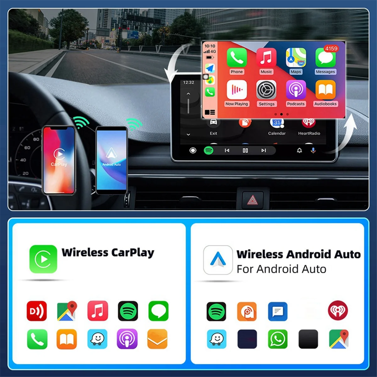 2in1 Wireless CarPlay Adapter Wireless Android Auto Dongle Box for Car Radio with Wired CarPlay/Wired Android