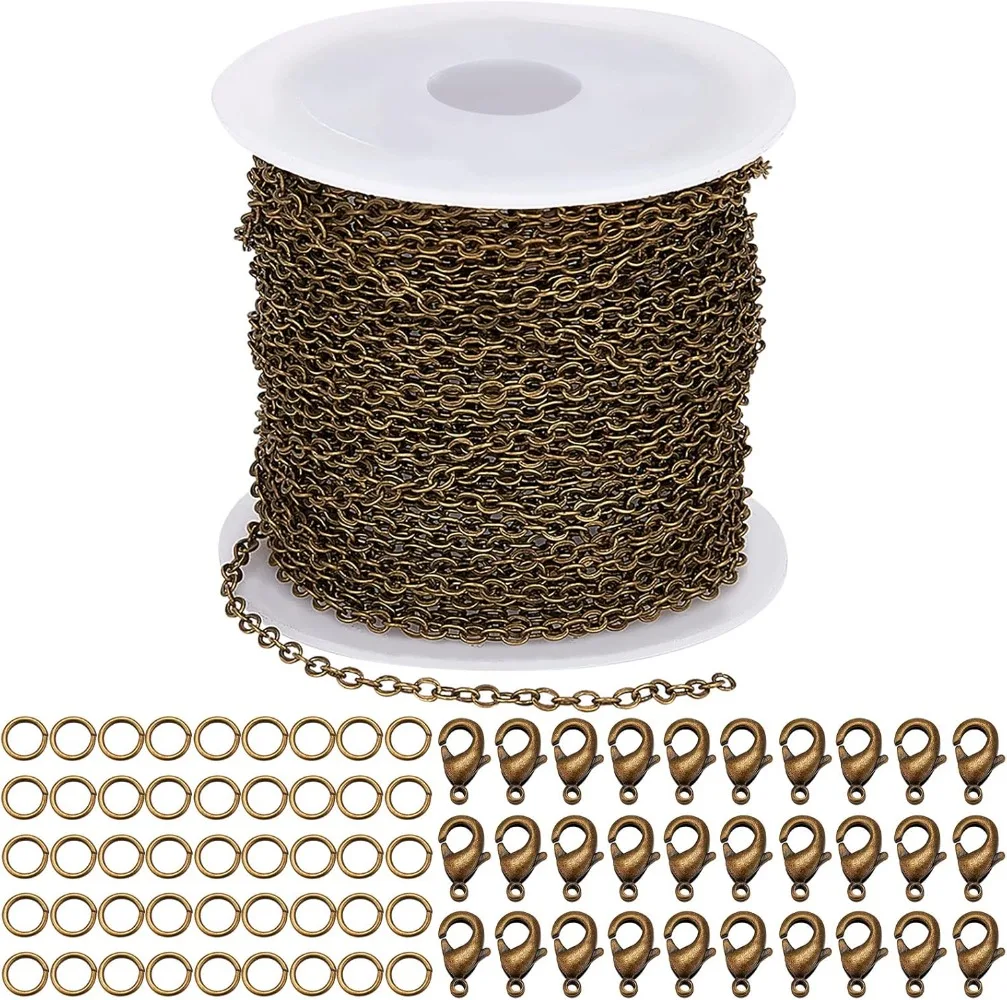 שרשרת נחושת עתיקה באורך 32.8 רגלים / 10 מטר, שרשרת נחושת בכמות גדולה, שרשראות כבלים בגדלים 2.6x2x0.3 מילימטר לשרשראות תכשיטים, ערכת יצירה של 100 יחידות