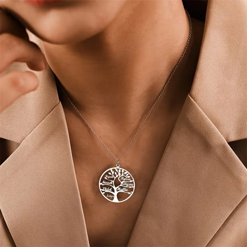 Custom Family Tree Name Necklace Silver Stainless Steel Round Tree of Life Pendant Personalized Multi Names Engraved Jewelry