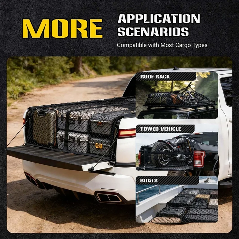 Super Sale Cargo Net, Pickup Truck Bed Cargo Mesh Organizer, 4'X4' Stretches to 8'X8' for Daily Light Loads of Truck ATV UTV