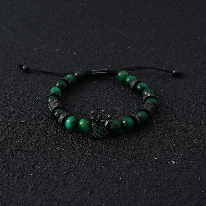 Luxury Natural Tiger Stone Beads Crown Charms Man Bracelet Women Hand Stainless Steel Jewelry Gift