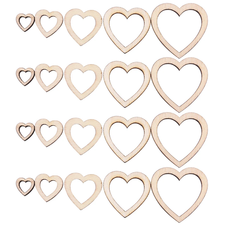 200Pcs 10-30mm Natural Wooden Hollow Love Heart Slices Embellishment Wedding Valentine\'s Day Scrapbooking Handmade DIY Carfts