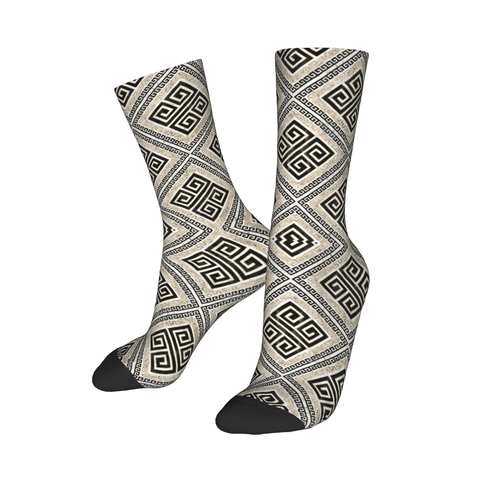 

Custom Greek Meander Key Dress Socks Mens Womens Warm Fashion Meander Black And White Marble Crew Socks
