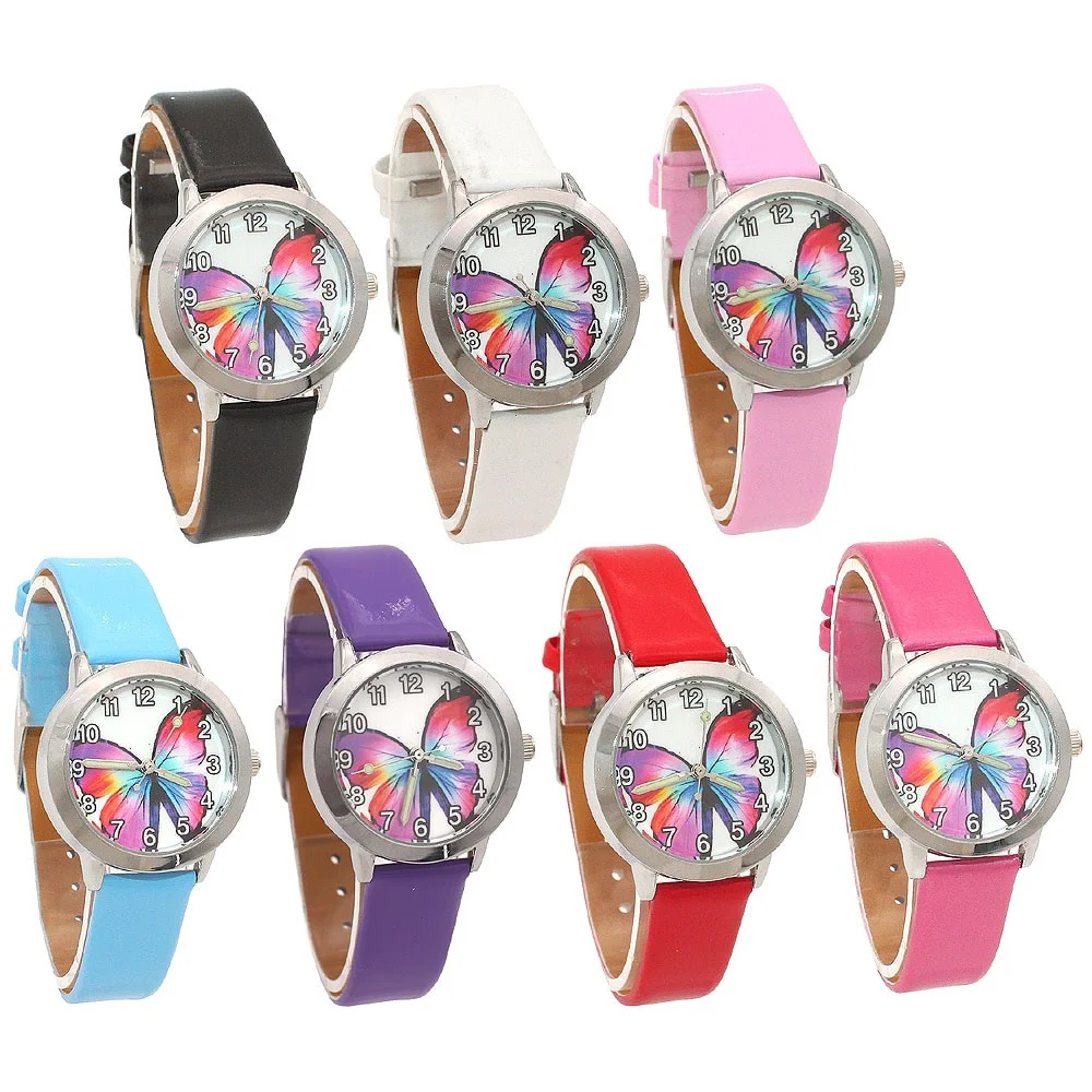 7Pcs Colorful Butterfly Girls Quartz Wristwatches Fashion Cartoon Leather Watch for Children Students