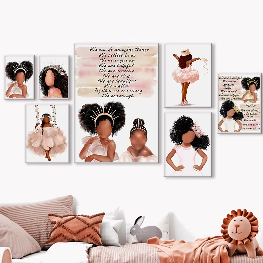 Crown Afro Black Baby Girl Ballet Skirt Power Pink Art Canvas Painting Nordic Posters And Prints Wall Pictures Kids Room Decor