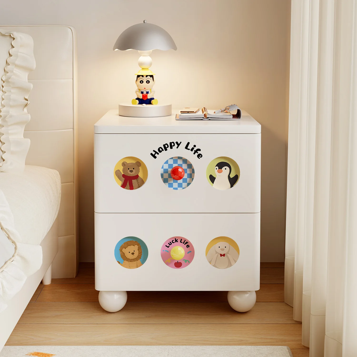 Solid Wood Bedside Cabinet Cream Dopamine Style Storage Locker Kids Cartoon Girl Bedroom Small