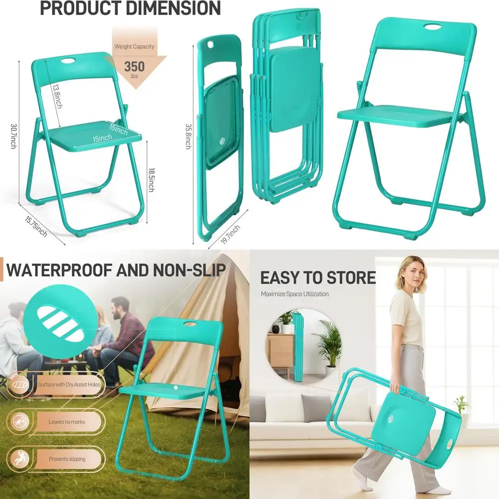 

Набор из 4 складных стульев, грузоподъемность 300 фунтов, легкий пластик с металлическим каркасом, идеально подходит для мероприятий в помещении и на открытом воздухе, мятно-зеленый